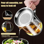 1L/35oz Glass Bacon Grease Container with Strainer, Cooking Oil Storage Can with Fine Mesh Filter and Scale, Lid and Easy-Grip Handle,Fat Separator for Storing Fats, Frying Oil and Cooking Grease