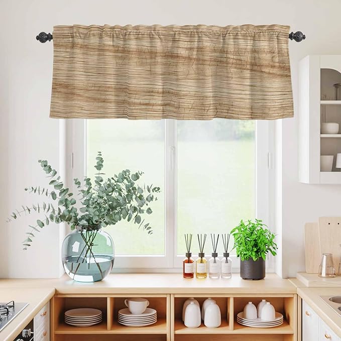 Kitchen Curtains Tiers and Valance Set of 3, Country Farmhouse Light Filtering Window Curtain Set, Vintage Brown Wooden Grain Rod Pocket Curtain Drapes for Cafe, Living Room, 36 Inches Tiers