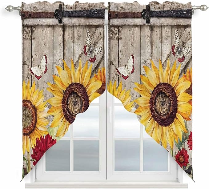 Sunflowers Swag Valances for Windows, Retro Flower Barn Doors Butterfly Farmhouse Brown Rod Pocket Kitchen Curtains Valance, Small Window Curtains Swag for Cafe Living Room, 2 Panels, 36x36 inch