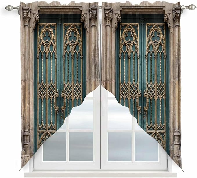 Turquoise Vintage Door Swag Valances for Windows, Countryside Barn Abstract Art Rod Pocket Kitchen Curtains Valance, Small Window Curtains Swag for Cafe Bathroom Living Room, 2 Panels, 36x36 inch