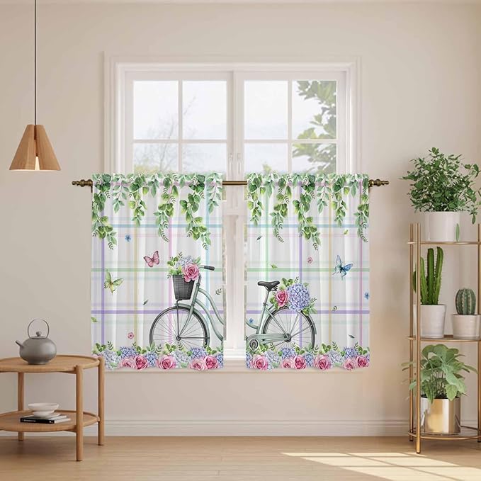Spring Kitchen Curtains, Bicycles Botanical Leaves Rose Colorful Stripes Light Filtering Window Curtain Panels, 2Pcs Rod Pocket Window Treatments Set for Cabin Bathroom Bedroom 52x45 Inches