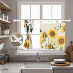 Yellow Sunflowers Kitchen Curtains 24 Inch Length, Small Window Curtains Tab Top, Country Cow Flower Butterfly Farmhouse Cream Light Filtering Short Window Treatments Tier Drapes 27.5"x24" 2 Panel