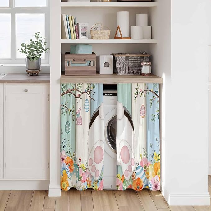 Easter Kitchen Curtains 54 Inch Long 2 Panel Set,Rod Pocket Window Curtains Panels,Spring Watercolor Bunny Eggs Wood Grain Teal Blue Light Filtering Drapery Draperies for Bathroom Bedroom 52"W x 54"L