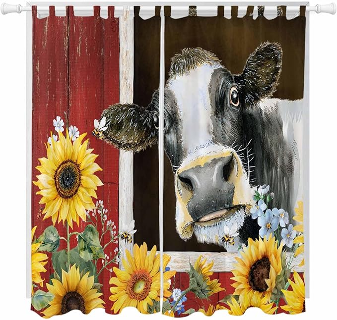 Cows Sunflowers Living Room Curtains 96 Inch Length, Window Curtains Tab Top, Rustic Farms Barns Flowers Bees Animals Light Filtering Window Treatments Drapes 52"x96" 2 Panel