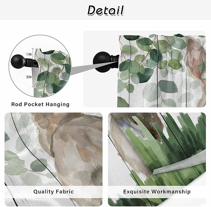 Easter Kitchen Curtains, Country Rabbit Botanical Leaves Wooden Grain Light Filtering Window Curtain Panels, 2Pcs Rod Pocket Window Treatments Set for Living Room Bathroom Bedroom 42x63 Inches