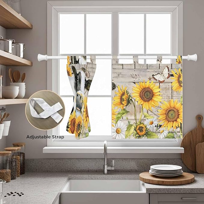 Yellow Sunflowers Kitchen Curtains 24 Inch Length, Small Window Curtains Tab Top, Farmhouse Cow Barn Doors Floral Butterfly Light Filtering Short Window Treatments Tier Drapes 27.5"x24" 2 Panel