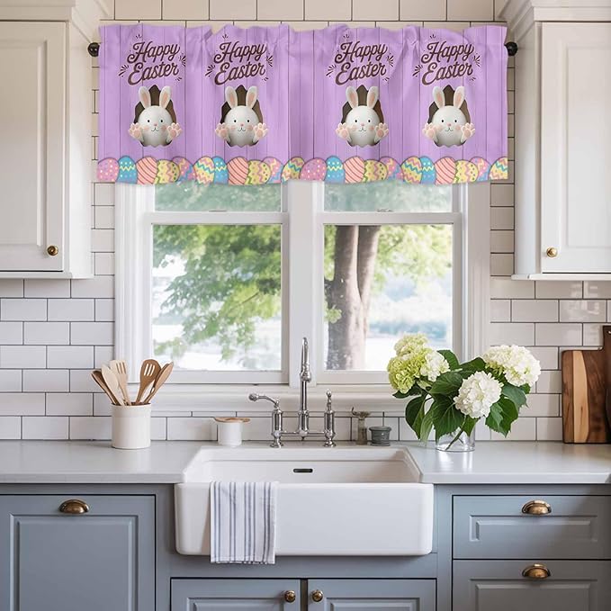 Purple Easter Curtain Valances for Windows, Kitchen Valance Window Treatment, Spring Cartoon Bunny Colorful Eggs Wood Grain Light Filtering Block Curtains for Bathroom/Bedroom/Living Room 54'' x 18''