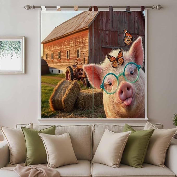 Farm Pig Bedroom Curtains 72 Inch Length, Window Curtains Tab Top, Farmhouse Barn Funny Animals Butterfly Light Filtering Window Treatments Drapes 52"x72" 2 Panel
