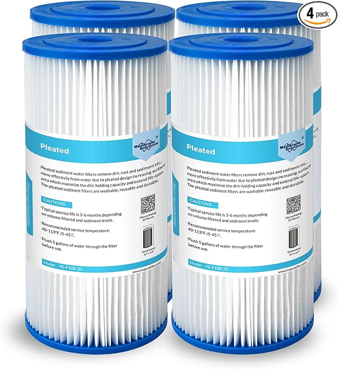 Membrane Solutions 20 Micron Pleated Water Filter Home 10"x4.5" Whole House Heavy Duty Sediment Replacement Cartridge Compatible with ECP10-1,ECP20-BB,R50-BBSA,FXHSC,CB1-SED10-BB (4 Pack)