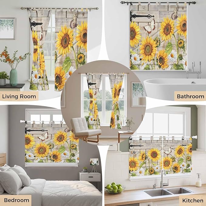 Farm Flowers Kitchen Curtains 45 Inch Length, Short Cafe Window Curtains Tab Top, Retro Sunflowers Barn Doors Butterfly Wood Board Light Filtering Window Treatments Tier Drapes 27.5"x45" 2 Panel