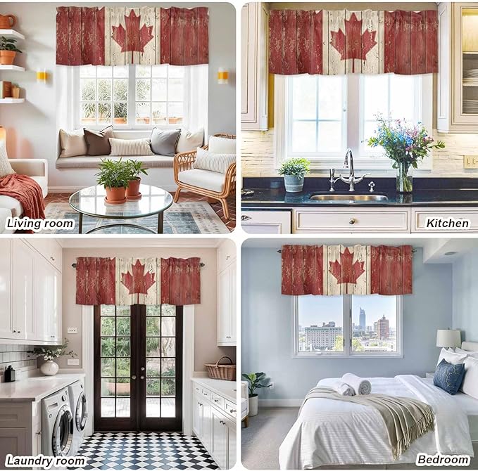 Canada Curtain Valances for Windows, Kitchen Valance Window Treatment, Red Maple Leaf Flag Vintage Farmhouse Wooden Grain Light Filtering Block Curtains for Bathroom/Bedroom/Living Room 42'' x 12''