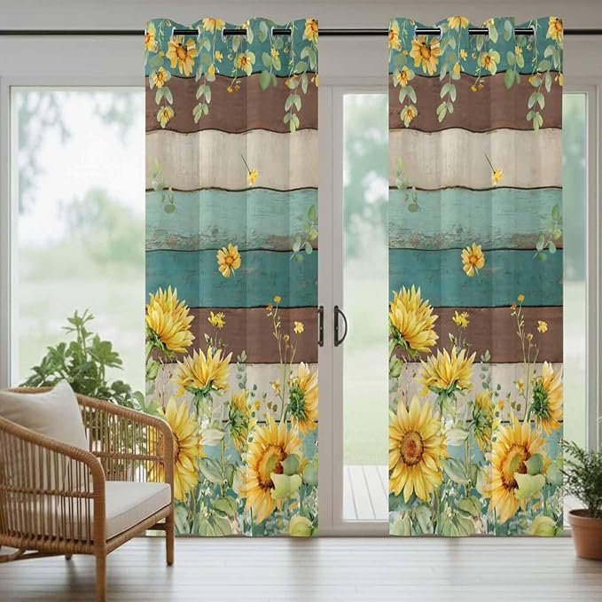 Sunflowers Outdoor Curtains for Patio Summer Floral Eucalyptus Leaves Vintage Wood Waterproof Outside Curtains with Grommet Top Weatherproof Curtain for Cabana Pergola Gazebo, 1 Panel, 54" W x 84" L