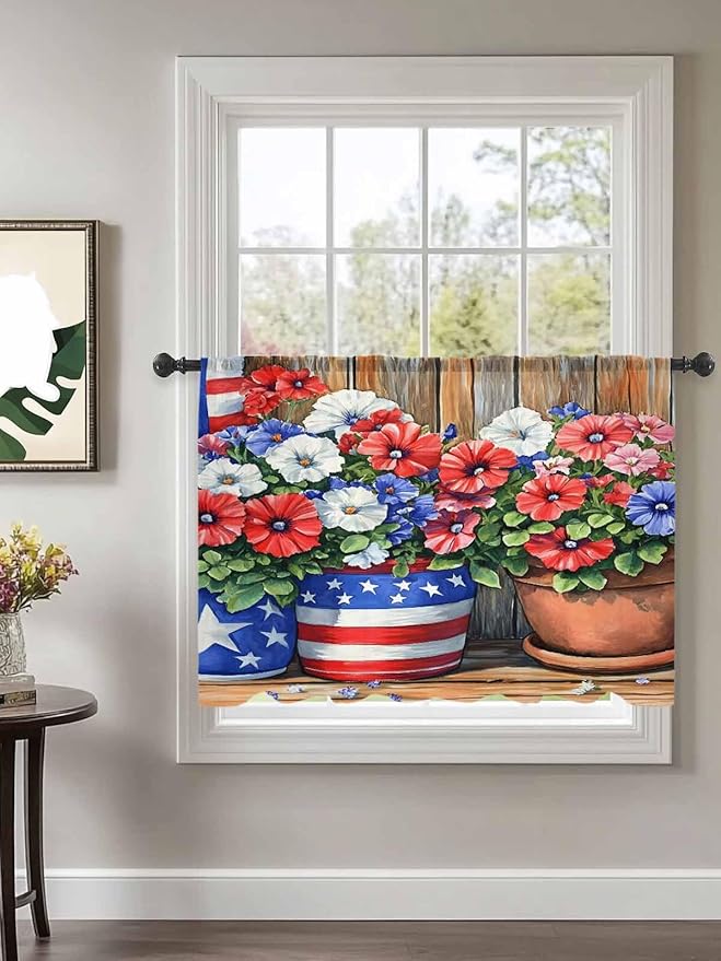 Sheer Curtains 45 Inch Length, Red Blue Flower Semi Sheer Curtains Light Filtering Window Treatment, Retro Independence Day Flag Wood Grain Privacy Voile Drapes for Living Room Bedroom 52x45 Inch