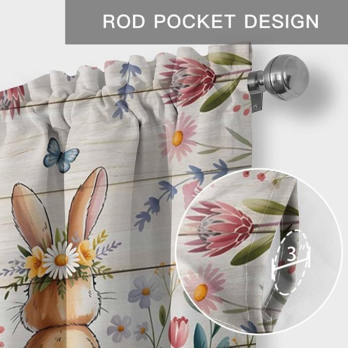 Easter Curtain Valances for Windows, Kitchen Valance Window Treatment, Spring Bunny Butterfly Botanical Wooden Grain Light Filtering Block Curtains for Bathroom/Bedroom/Living Room 60'' x 18''