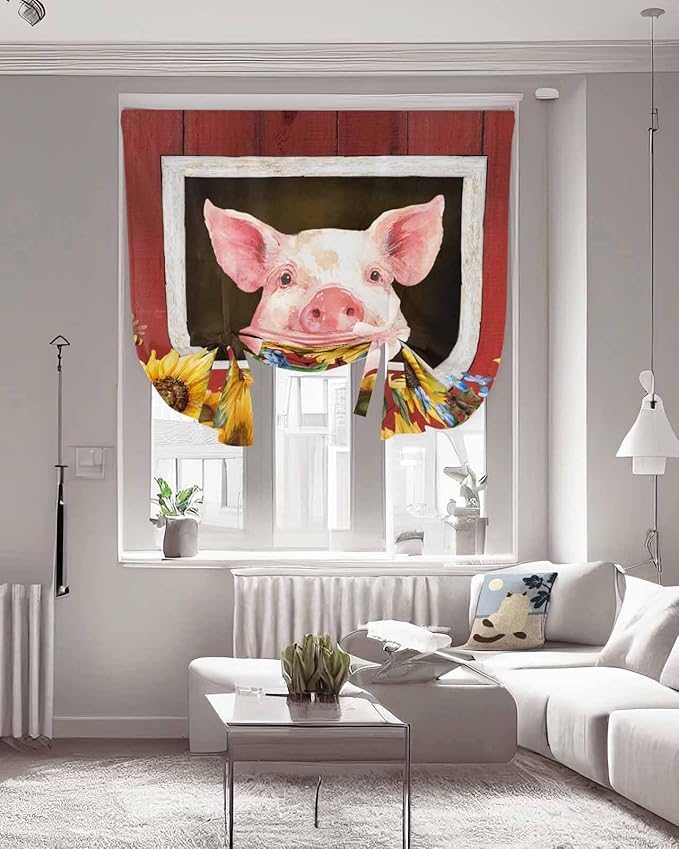 Tie Up Curtains for Windows, Pigs Sunflowers Adjustable Balloon Nature Linen Textured Kitchen Curtain, Farmhouse Red Barn Flowers Animals Tie Up Blackout Curtains for Bedroom, 52 x 63 Inches