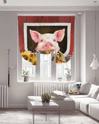 Tie Up Curtains for Windows, Pigs Sunflowers Adjustable Balloon Nature Linen Textured Kitchen Curtain, Farmhouse Red Barn Flowers Animals Decorative Tie Up Curtain for Window, 52" x 45"