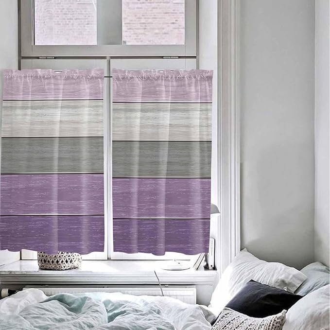 Country Wood Board Gray Purple Window Valance Curtains, Farmhouse Gradient Plank Light Filtering Kitchen Valance with 3-inch Rod Pocket for Living Room Bathroom Bedroom,2 Panel,52x45In