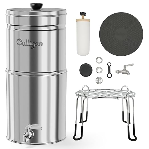 Culligan MaxClear 3 Gallon Gravity Water Filter System, Polished Stainless-Steel Countertop Water Filter NSF/ANSI Certified to Reduce Microplastics, Lead & Total PFAS, with 3 Ceramic Filters