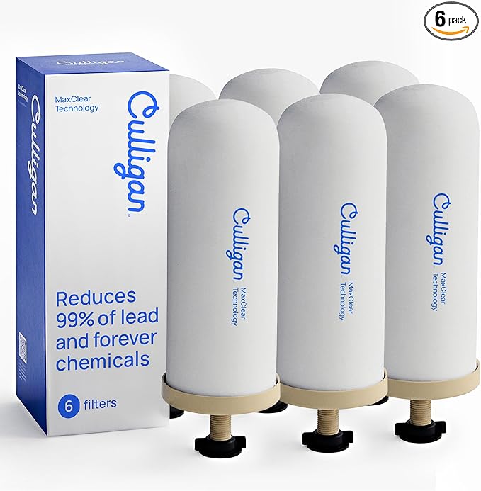 Culligan MaxClear 7” Gravity Water Filter Replacement Compatible with ProOne & Berkey Water Filter Systems, Ceramic & Carbon Filter NSF/ANSI Certified, Reduce Total PFAS, Microplastics & Lead, 6-Pack