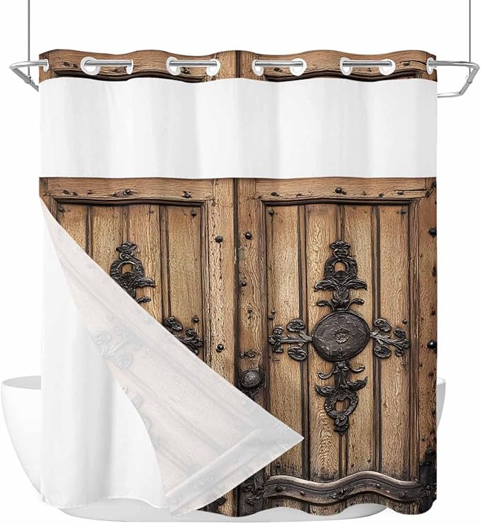 Wood Barn Door No Hook Shower Curtain with Snap in Liner Set, Waterproof Shower Curtains for Bathroom, Wooden Plank Fabric Shower Curtain, See Through Mesh Top Window, 66" W x 72" L