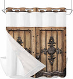Wood Barn Door No Hook Shower Curtain with Snap in Liner Set, Waterproof Shower Curtains for Bathroom, Wooden Plank Fabric Shower Curtain, See Through Mesh Top Window, 72" W x 78" L