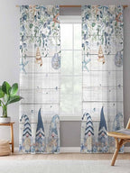 Sheer Curtains 84 Inches Long, Coastal Eucalyptus Leaf Semi Sheer Curtains Light Filtering Window Treatment, Ocean Blue Gnomes Starfish Wood Grain Privacy Voile Drapes for Living Room 52x84 Inch