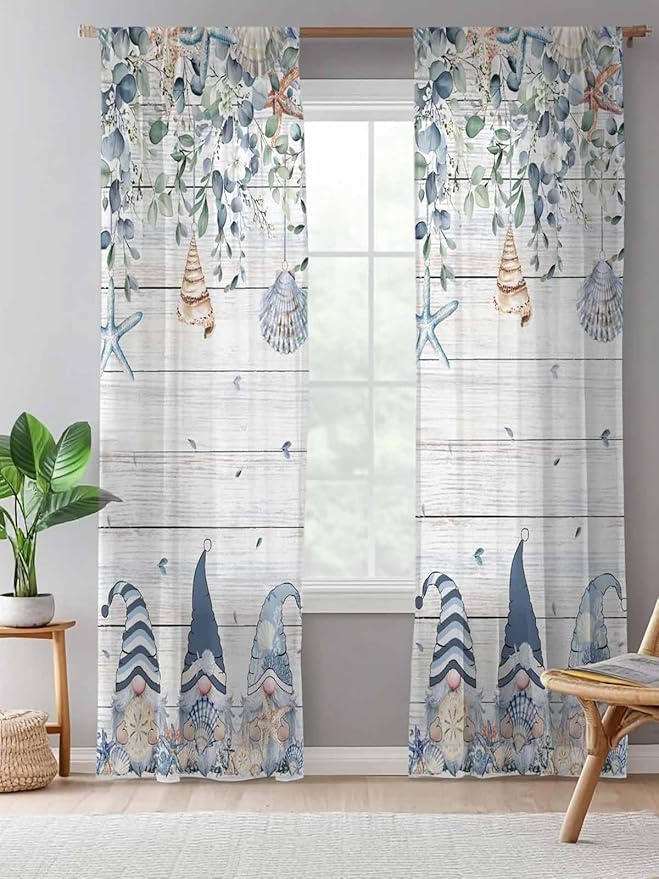 Sheer Curtains 108 Inches Long, Coastal Eucalyptus Leaf Semi Sheer Curtains Light Filtering Window Treatment, Ocean Blue Gnomes Starfish Wood Grain Privacy Voile Drapes for Living Room 52x108 Inch
