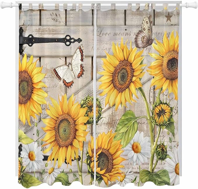Farm Flowers Living Room Curtains 96 Inch Length, Window Curtains Tab Top, Retro Sunflowers Barn Doors Butterfly Wood Board Light Filtering Window Treatments Drapes 52"x96" 2 Panel