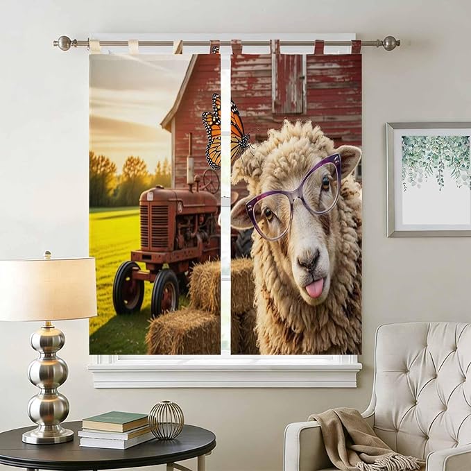 Farm Sheep Bathroom Curtains 63 Inch Length, Window Curtains Tab Top, Farmhouse Barn Funny Animals Butterfly Light Filtering Window Treatments Drapes 52"x63" 2 Panel