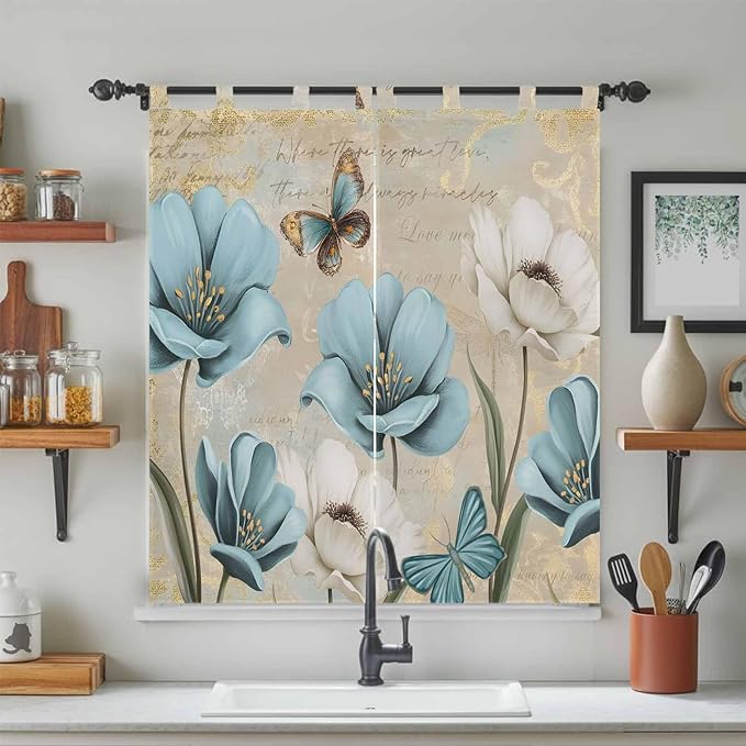 Spring Flowers Bathroom Curtains 63 Inch Length, Window Curtains Tab Top, Vintage Rustic Tulips Floral Butterfly Khaki Light Filtering Window Treatments Drapes 52"x63" 2 Panel