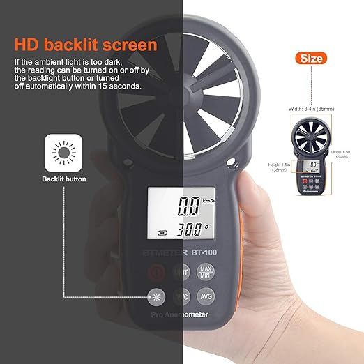 BTMETER BT-100 Handheld Anemometer, Digital Wind Speed CFM Meter Gauge Air Flow Velocity Tester for HVAC Shooting Drone, Wind Chill, 14℉-113℉ Wind Temperature
