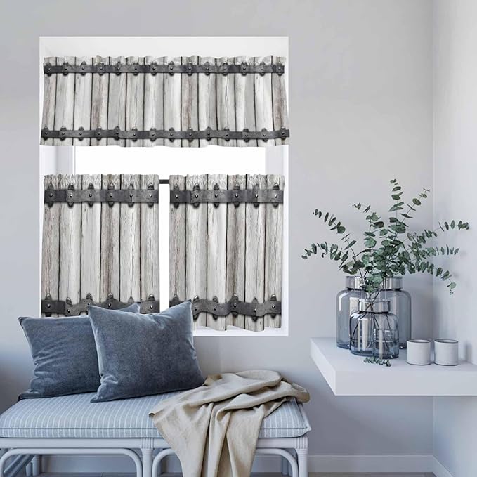 Farmhouse Rustic Kitchen Curtain Set, Vintage Country Wooden Grain Window Valance and Tiers 36" Length, Light Filtering Short Curtains Valance for Cafe Bathroom Bedroom 54"x18"