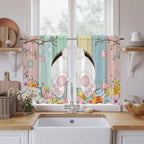 Easter Kitchen Curtains 45 Inch Long 2 Panel Set, Rod Pocket Window Treatment, Spring Colorful Bunny Eggs Flower Wood Grain Light Filtering Panels Short Drapes for Bathroom Camper 42"W x 45"L