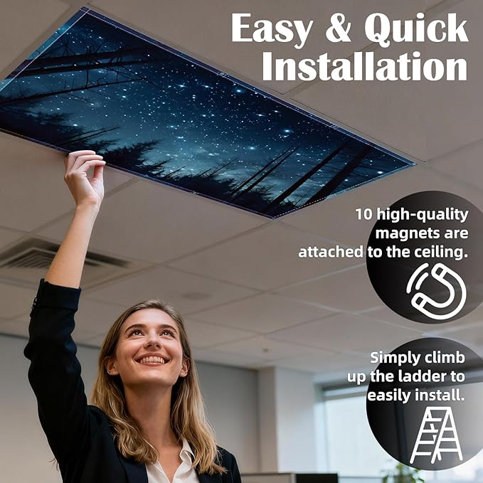 4 Pcs Fluorescent Light Covers - Classroom, Office 4 x 2 Feet Flame Retardant Magnetic Covers for Ceiling Lights Filters (Forests & Starry Sky-2)