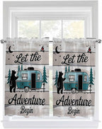 Farmhouse Bear Camper Van Tree Window Valance Curtains, Vintage Wood Grain Light Filtering Kitchen Valance with 3-inch Rod Pocket for Living Room Bathroom Bedroom,2 Panel,42x45In