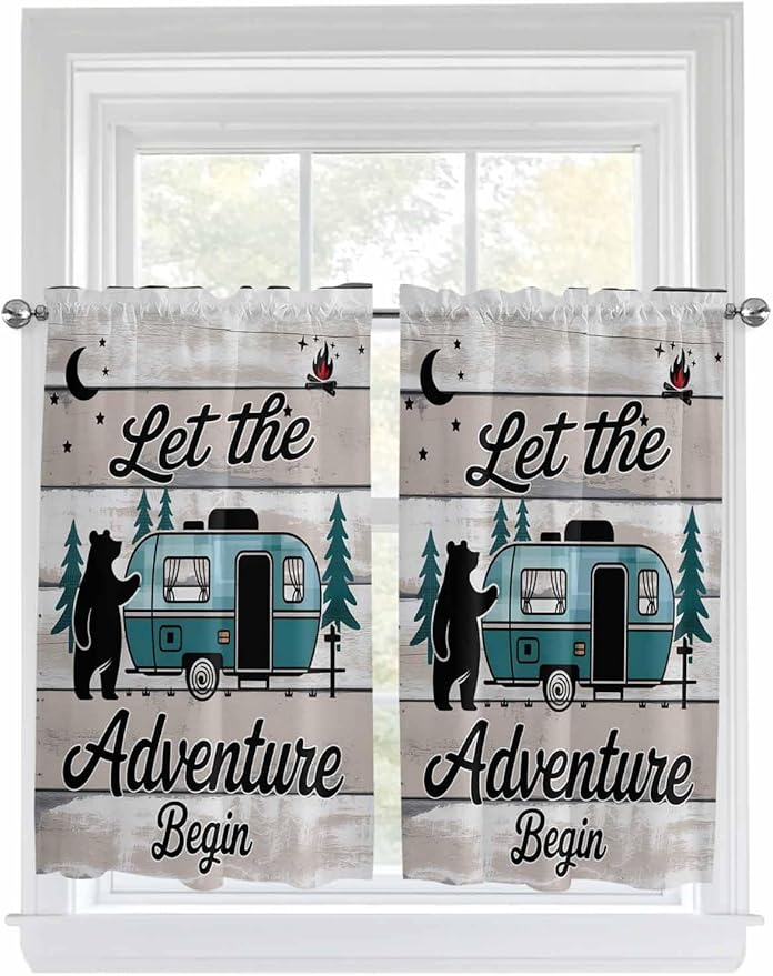 Farmhouse Bear Camper Van Tree Window Valance Curtains, Vintage Wood Grain Light Filtering Kitchen Valance with 3-inch Rod Pocket for Living Room Bathroom Bedroom,2 Panel,42x54In