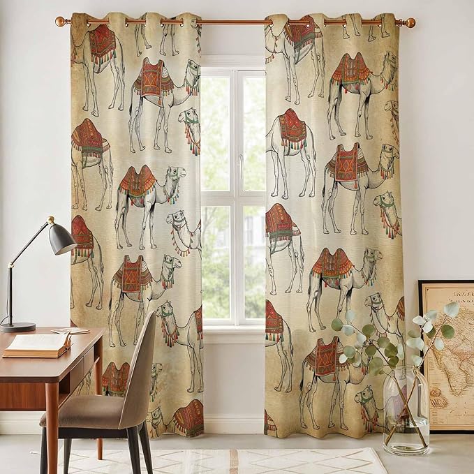 2 Panel Kitchen Cafe Curtains, Desert Sand Camel Sunlight Filtering Nature Air Through, Home Decor Window Covering Tier Curtains for Living Room 104W x 90L inch Summer Tropical Animals Vintage Beige