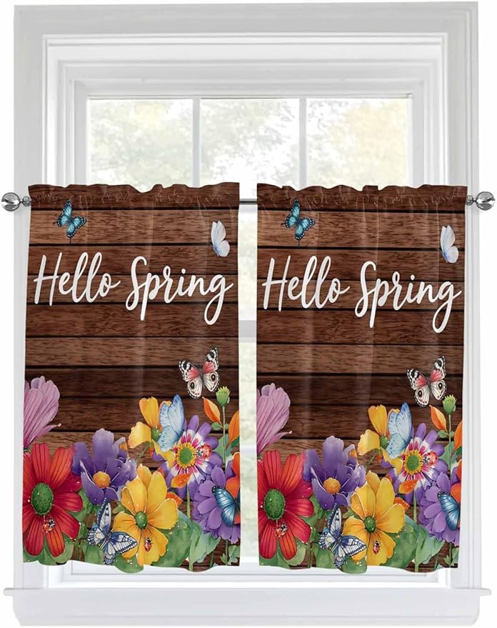Spring Flowers Tier Curtains 45 Inches Long, Watercolor Farmhouse Colorful Wooden Grain Window Treatment Curtain Drapes, Small Curtain Drapes for Bathroom Laundry Room, 27.5"x45", 2 Panels