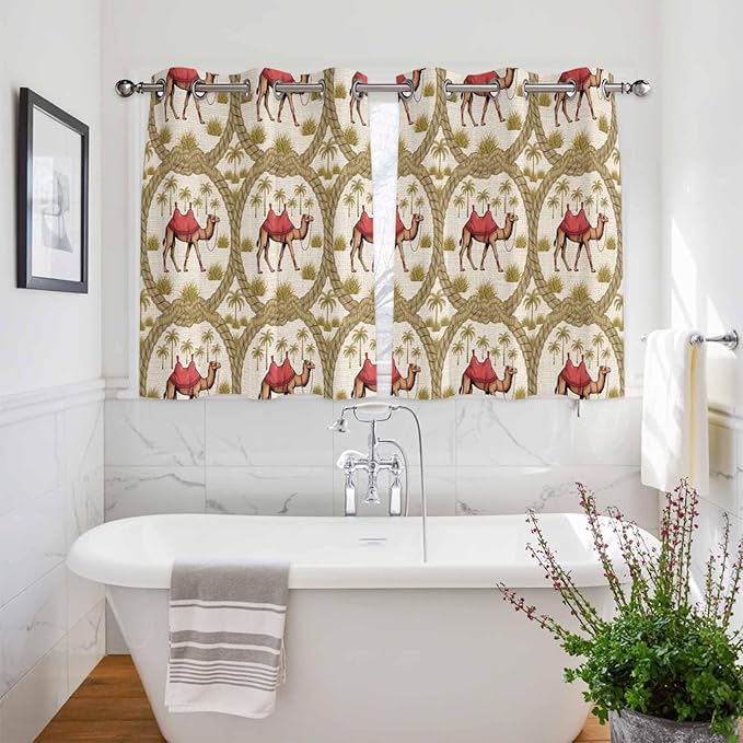 2 Panel Kitchen Cafe Curtains, Camels Palm Trees Sunlight Filtering Nature Air Through, Window Decor Tier Curtains for Living Room 104W x 52L inch Desert Date Coconut Trees Leaves Cords Beige