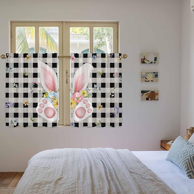 Easter Kitchen Curtains 45 Inch Long 2 Panel Set, Rod Pocket Window Treatment, Spring Rabbits Ears Feet Wildflowers Black Plaid Light Filtering Short Curtains & Drapes for Bathroom Laundry 52"W x 45"L
