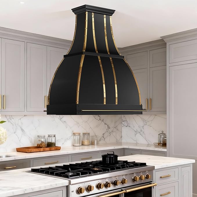 CHETTO C Stainless Steel Range Hood Cover with 4-Speed Vent Hood Insert Custom Handmade Metal Kitchen Fan with Towel Rack LED Light 30"W x27"D x42"H Black Island Mount