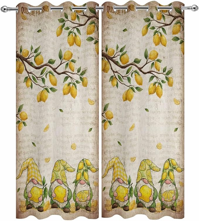 Summer Gnome Outdoor Curtains for Patio Gnome Lemon Leaf Vintage Waterproof Outside Curtains with Grommet Top Weatherproof Curtain for Cabana Pergola Gazebo, 2 Pack, 54" W x 84" L