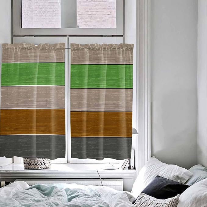 Farm Gray Green Brown Wood Grain Window Valance Curtains, Rustic Wooden Plank Light Filtering Kitchen Valance with 3-inch Rod Pocket for Living Room Bathroom Bedroom,2 Panel,52x54In