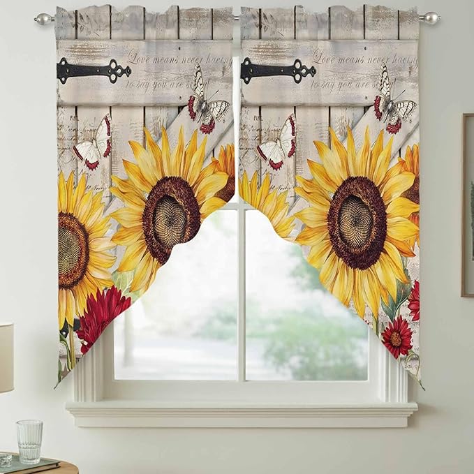 Red Yellow Sunflowers Swag Valances for Windows, Retro Rustic Barn Doors Butterfly Brown Rod Pocket Kitchen Curtains Valance, Small Window Curtains Swag for Cafe Living Room, 2 Panels, 28x36 inch