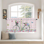 Spring Tier Curtains, Bicycles Leaves Butterfly Flowers Pink Buffalo Plaid Light Filtering Kitchen Curtains, 2Pcs Rod Pocket Half Window Treatments Panels for Sink Cafe Cabinet Camper 27.5x24 Inches