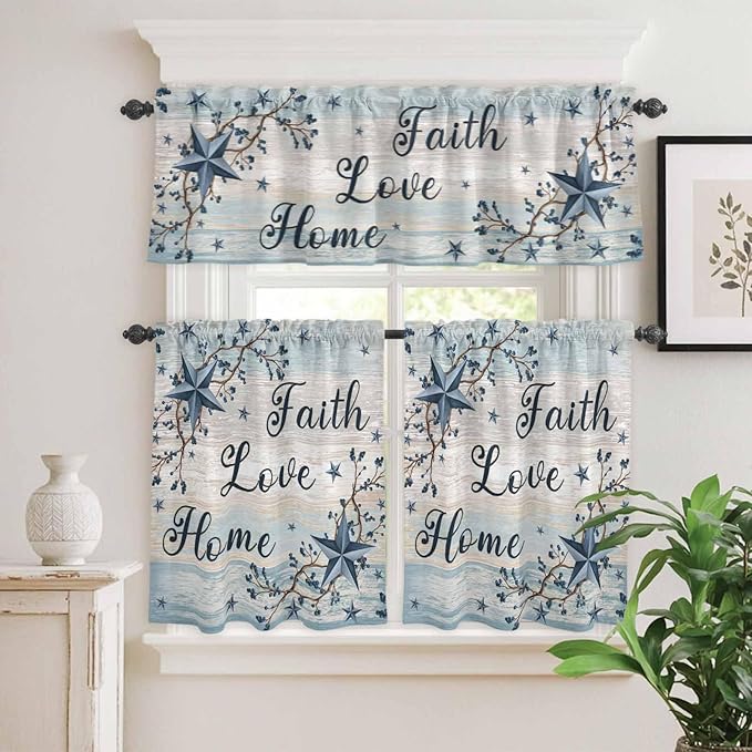 Kitchen Curtains Tiers and Valance Set of 3, Vintage Farmhouse Light Filtering Window Curtain Set, Blue Country Texas Star Vines Wooden Rod Pocket Curtain Drapes for Cafe, Living Room, 24 Inches Tiers