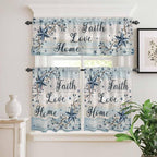 Kitchen Curtains Tiers and Valance Set of 3, Vintage Farmhouse Light Filtering Window Curtain Set, Blue Country Texas Star Vines Wooden Rod Pocket Curtain Drapes for Cafe, Living Room, 24 Inches Tiers