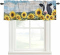 Cow Sunflowers Curtain Valances for Windows, Kitchen Valance Window Treatment, Farmhouse Animal Blue Sky Wooden Grain Light Filtering Block Curtains for Bathroom/Bedroom/Living Room 54'' x 18''