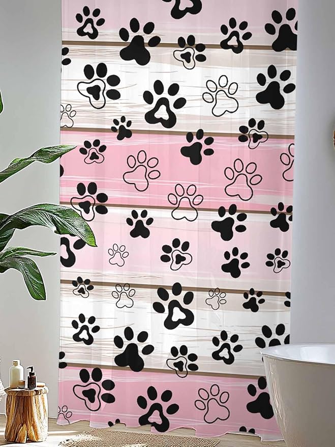 Sheer Curtains 108 Inches Long, Pink Beige Paw Print Semi Sheer Curtains Light Filtering Window Treatment, Vintage Farmhouse Country Wooden Grain Privacy Voile Drapes for Living Room 52x108 Inch