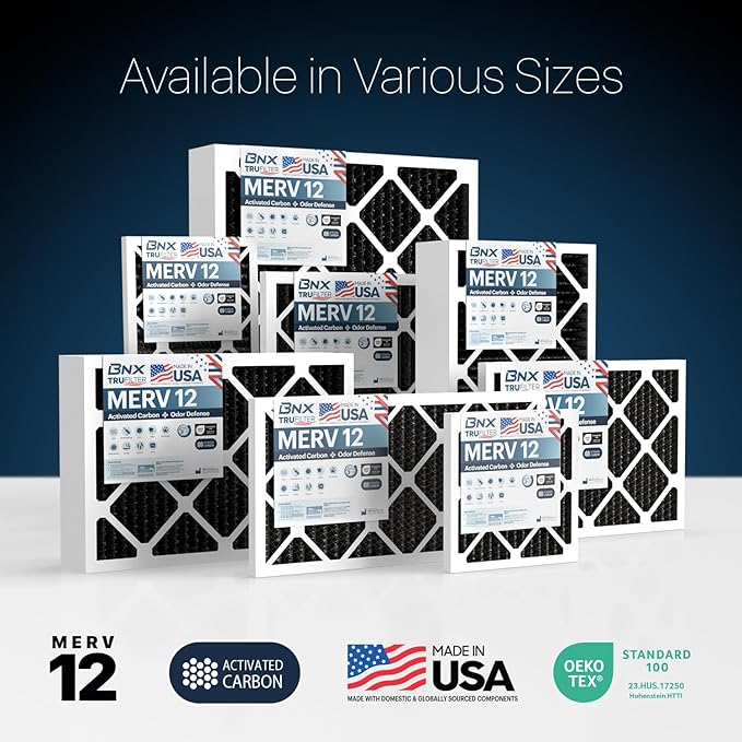 BNX TruFilter 20x25x1 MERV 12 Odor Defense (6-Pack) AC Furnace Air Filter with Activated Carbon - MADE IN USA - Pleated Air Conditioner HVAC AC Furnace Filters - Removes Odor, Mold, Bacteria, Smoke